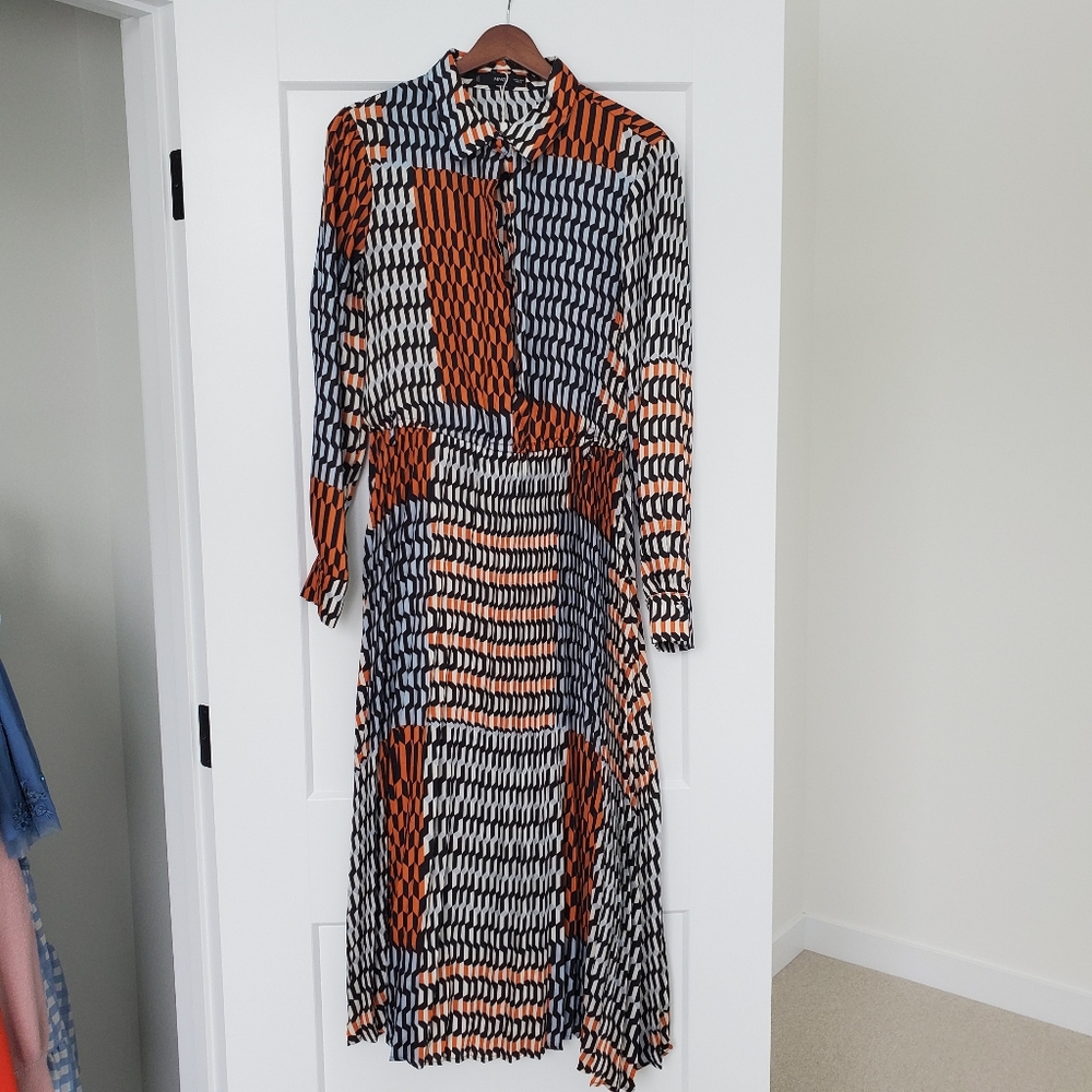 Mango Long-Sleeve Midi Dress in Orange, Black, White